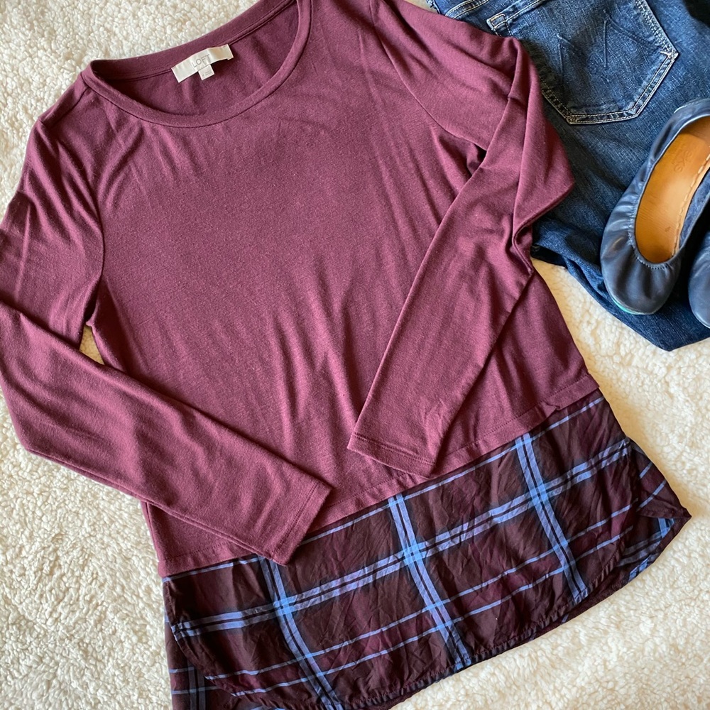 LOFT Burgundy knit tee with plaid detail